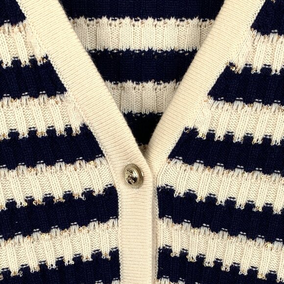 Chanel Colorblock Striped Sequin Cashmere V-Neck Long Sleeve Knit Cardigan - Picture 4 of 8